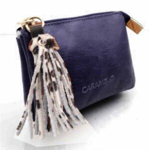 MONEDERO PIEL ATHENE CON ADORNO FLECOS CREMALLERA AZUL -