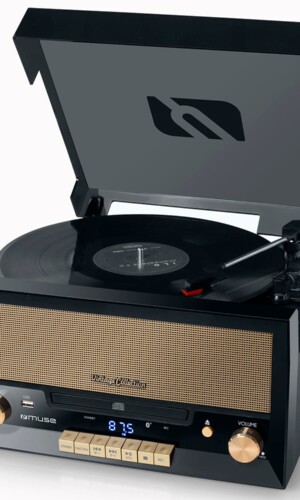 muse tocadiscos retro vintage con radio y altavoz