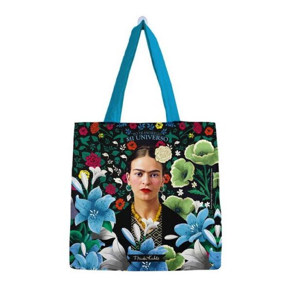 BOLSA ALGODON FRIDA KAHLO PEQUEÑA FLORES CELESTES -