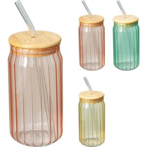 VASO CONTAPA BAMBU Y PAJITA BOROSILICATO 500ML SURTIDOS - KOOPMAN Colección HOUSEHOLD GLASS